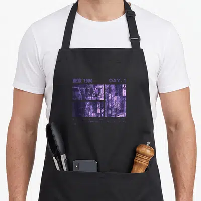 Tablier de cuisine noir avec motif violet représentant les rues de Tokyo en 1990 et du texte en japonais.