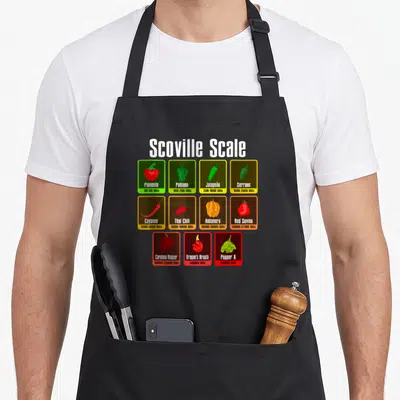 Tablier de cuisine noir avec échelle Scoville Scale illustrant divers piments colorés et leurs niveaux de chaleur.