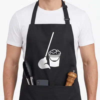 Tablier de cuisine noir avec illustration blanche d'un seau rempli de mousse et d'une serpillère posée à côté.