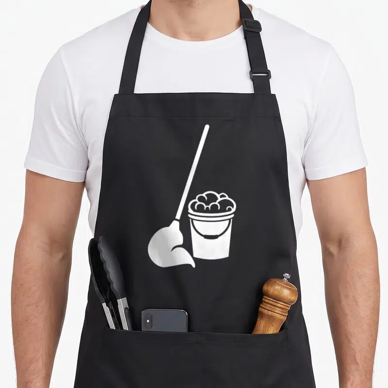 Tablier de cuisine noir avec illustration blanche d'un seau rempli de mousse et d'une serpillère posée à côté.
