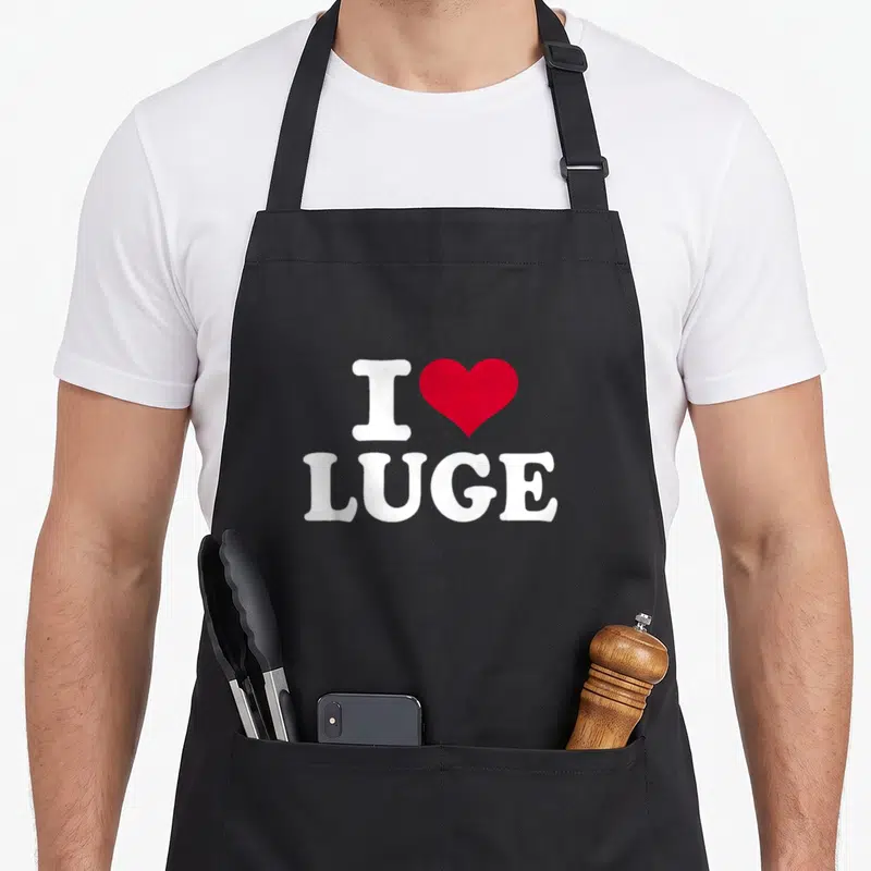 Tablier de cuisine noir avec le texte I love luge et un cœur rouge imprimé au centre.