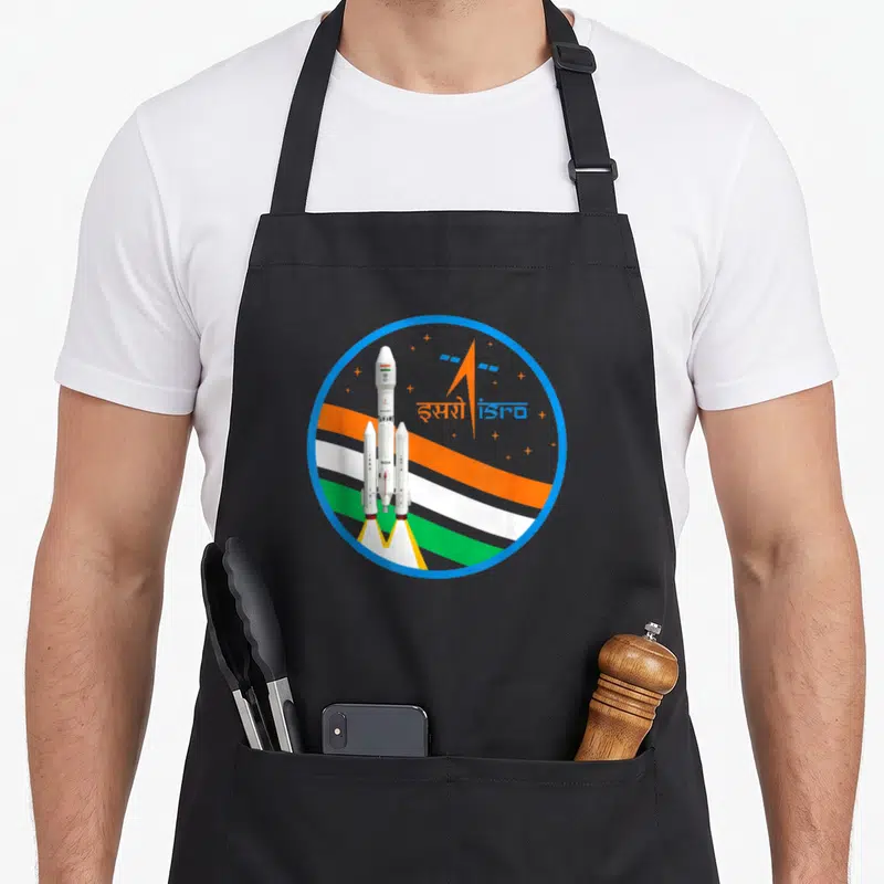 Tablier de cuisine noir avec un cercle bleu contenant des fusées ISRO India et le drapeau indien.