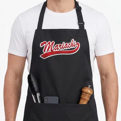 Tablier de cuisine noir avec logo Mariachi en lettrage rouge et blanc style vintage.