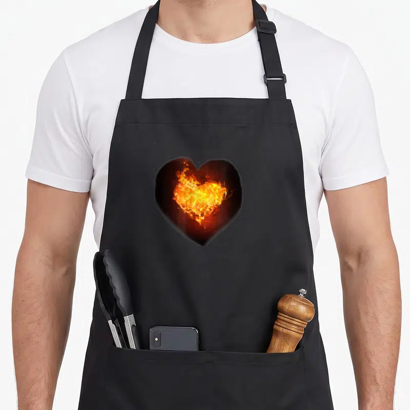 Tablier de cuisine noir avec un grand cœur aux flammes orange et jaunes au centre du torse.