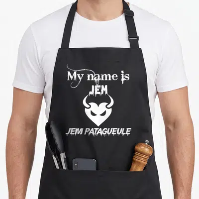 Tablier de cuisine noir avec inscription My name is JEM JEM PATAGUEULE et cœur à cornes blanc.