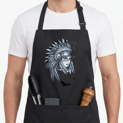 Tablier de cuisine noir avec illustration femme coiffe amérindienne et aigles en style tattoo.