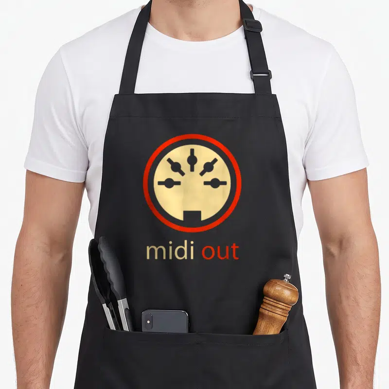 Tablier de cuisine noir avec illustration connecteur midi out 5 broches DIN rouge et texte beige