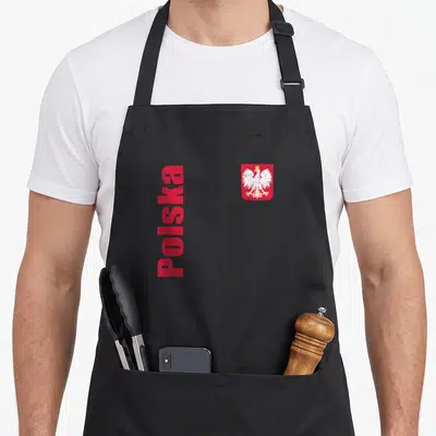 Tablier de cuisine noir avec inscription verticale «Polska» rouge et aigle blanc sur fond écarlate à droite.