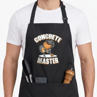 Tablier de cuisine noir avec illustration de bétonnière orange et texte White Concrete Master en arc de cercle.