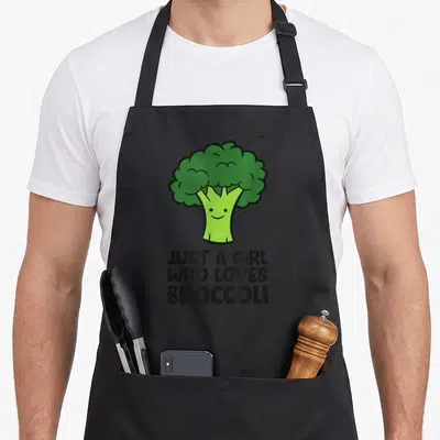 Tablier de cuisine noir avec illustration d'un brocoli vert souriant et texte en anglais sous le dessin.