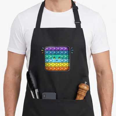 Tablier de cuisine noir avec illustration d'un pop it carré multicolore à visage souriant et bulles arc-en-ciel.