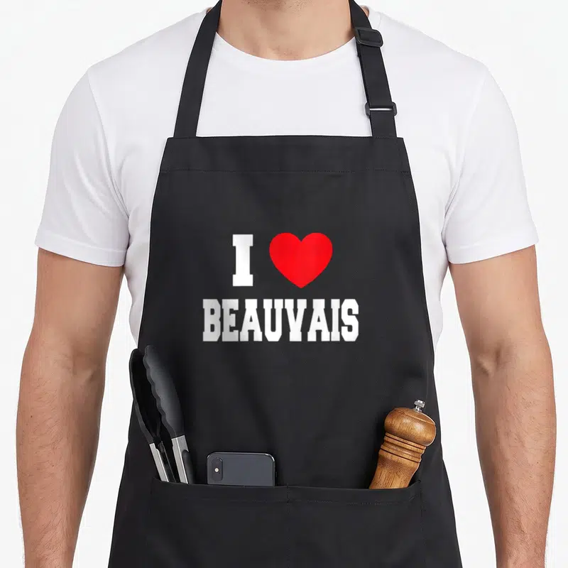 Tablier de cuisine noir avec inscription blanche J'adore Beauvais et un cœur rouge au centre.