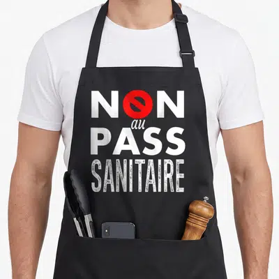 Tablier de cuisine noir avec inscription non au pass sanitaire en blanc et logo rouge interdit.