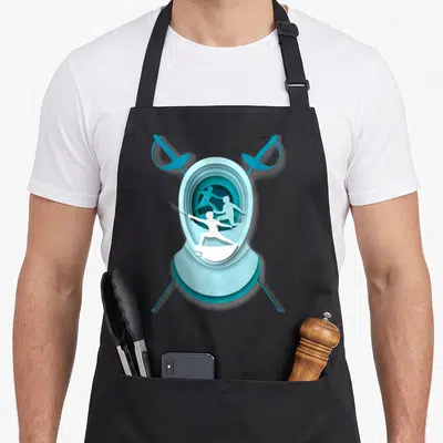 Tablier de cuisine noir avec illustration d'un masque d'escrime bleu et des silhouettes de combattants au sabre.