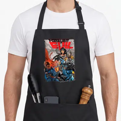 Tablier de cuisine noir avec illustration du Crime Syndicate et texte Forever Evil en rouge.