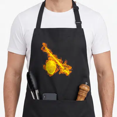 Tablier de cuisine noir avec illustration d'un masque d'escrime et d'une épée enflammés en jaune et orange.