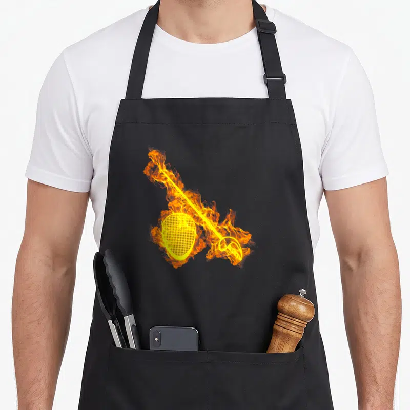 Tablier de cuisine noir avec illustration d'un masque d'escrime et d'une épée enflammés en jaune et orange.
