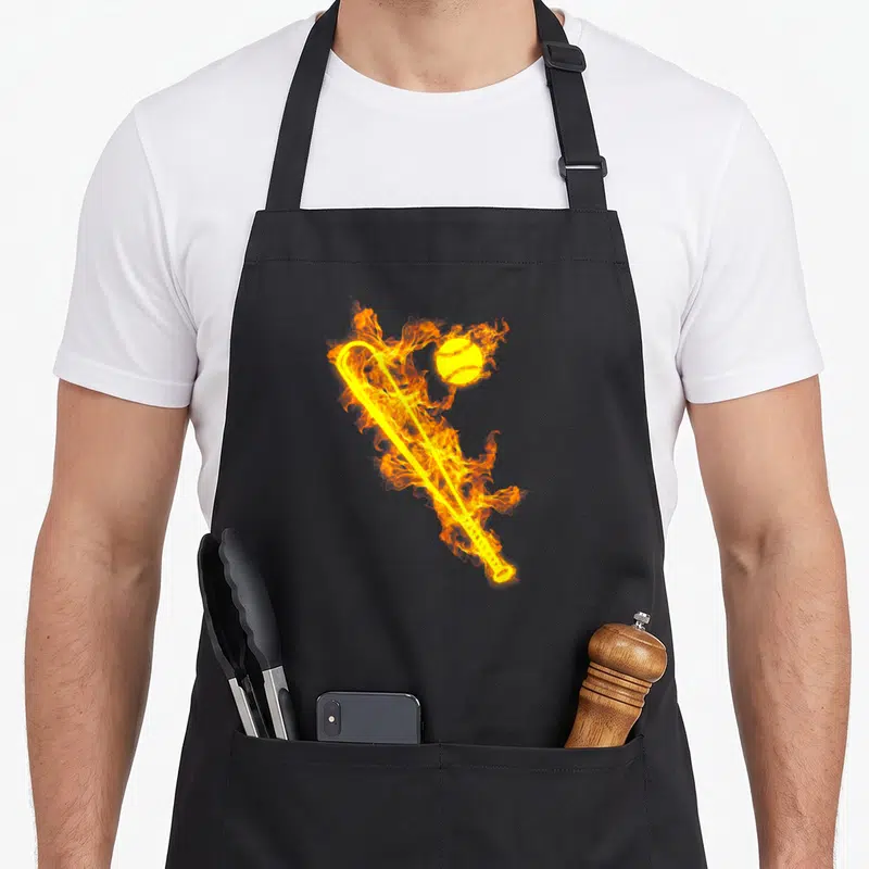 Tablier de cuisine noir avec une illustration d'une batte de baseball et d'une balle enflammées sur le devant.