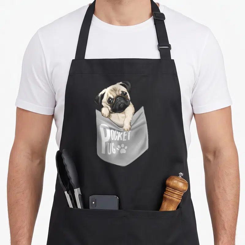 Tablier de cuisine noir avec illustration d'un pug sortant d'une pochePocket Pug et une patte.