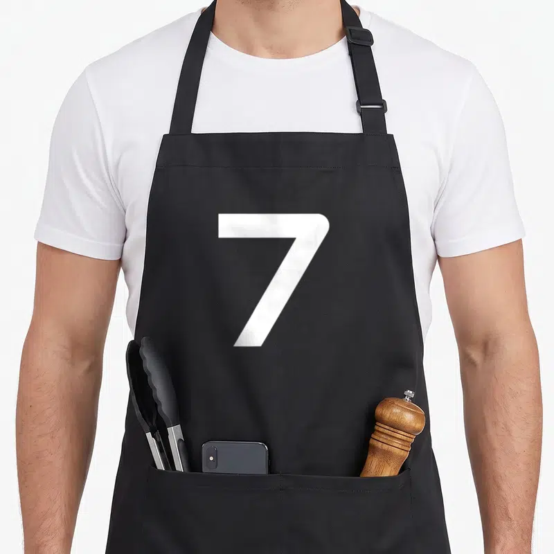 Tablier de cuisine noir avec un grand chiffre sept blanc imprimé au centre du torse.