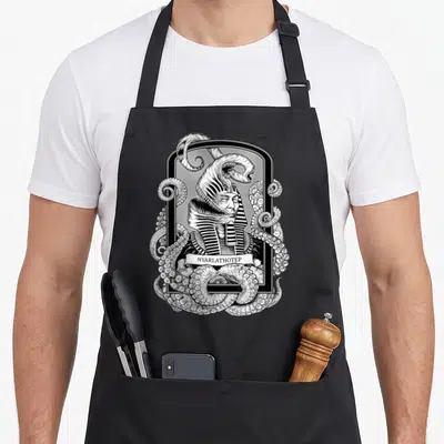 Tablier de cuisine noir avec illustration gravure de Nyarlathotep et tentacules octopus.
