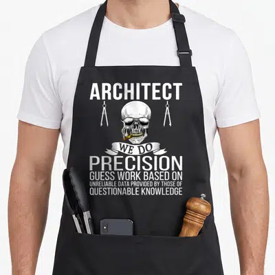 Tablier de cuisine noir avec un crâne fumant, des compas et le texte ARCHITECTE WE DO PRECISION GUESS WORK BASED ON UNRELIABLE DATA.