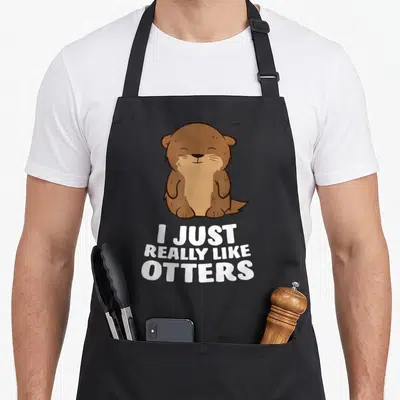 Tablier de cuisine noir avec illustration d'un loutre souriant et texte blanc I Just Really Like Otters