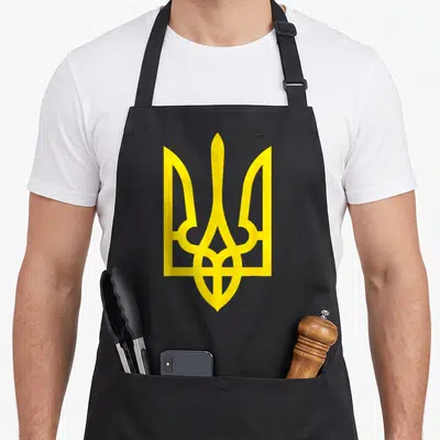 Tablier de cuisine noir avec un grand trident jaune ukrainien stylisé au centre du torse.