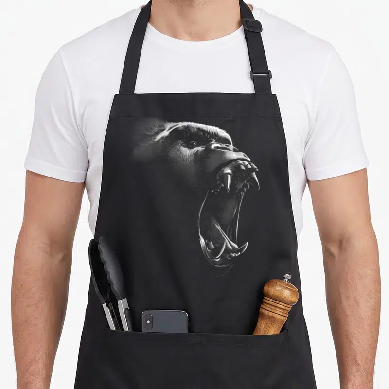 Tablier de cuisine noir avec illustration détaillée d'un gorille en pleine attaque en colère.