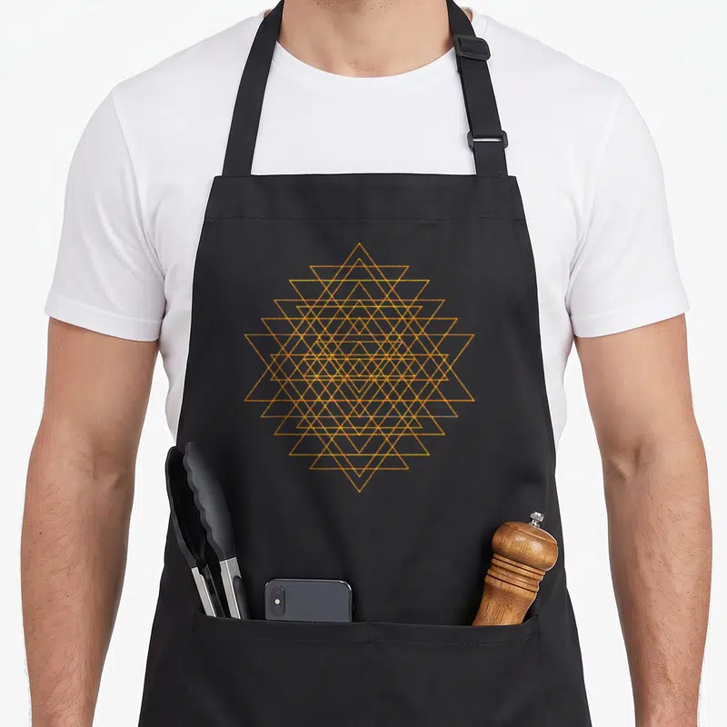 Tablier de cuisine noir avec motif de géométrie sacrée composé de triangles entrelacés en lignes orange dorées.