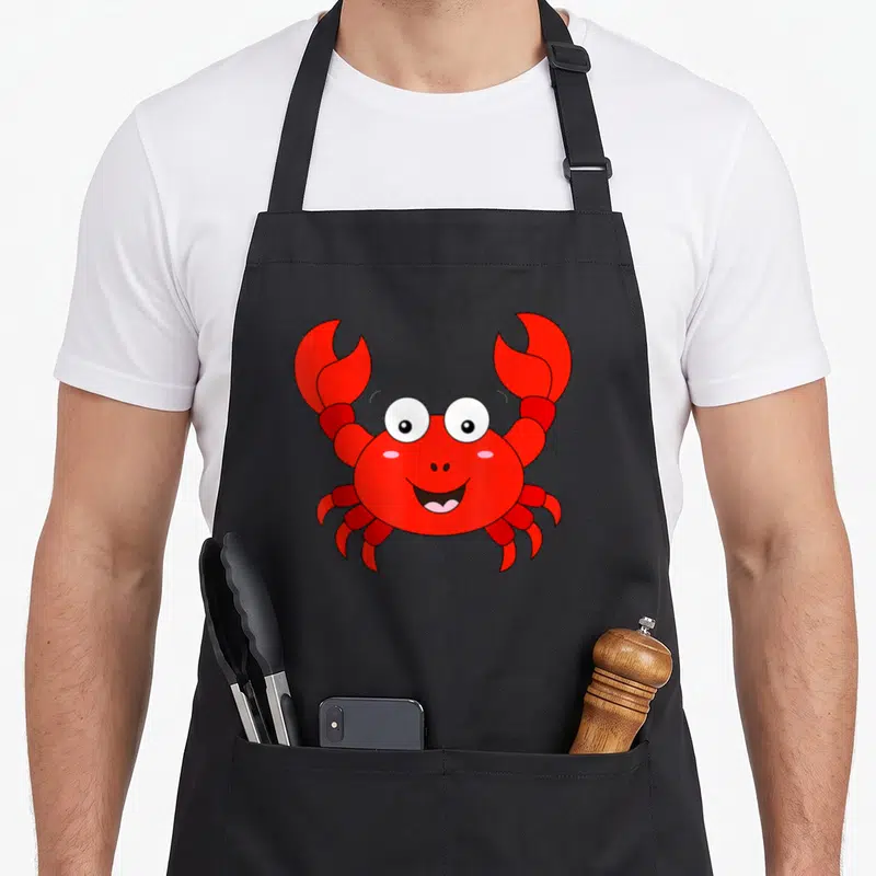 Tablier de cuisine noir avec un crabe rouge cartoon aux yeux ronds et pinces levées.