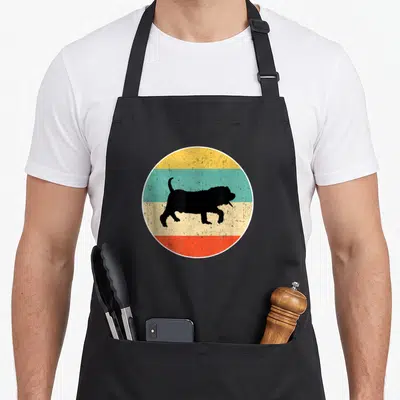 Tablier de cuisine noir avec silhouette de Shar-Pei chinois sur fond circulaire multicolore et effet vieilli