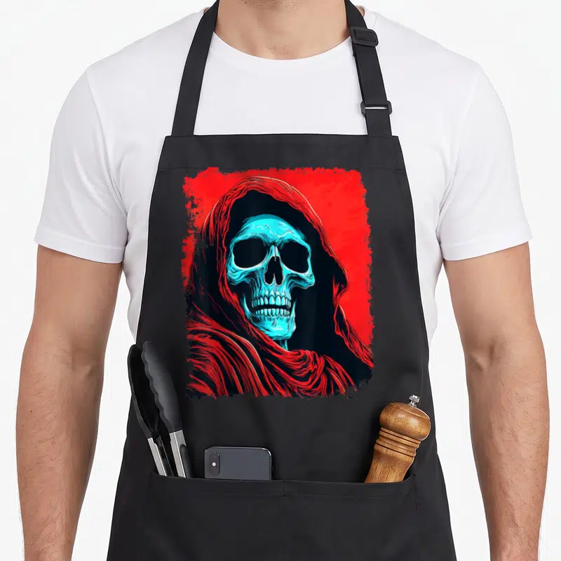 Tablier de cuisine noir avec illustration d'un crâne turquoise sous une capuche rouge sur fond texturé.