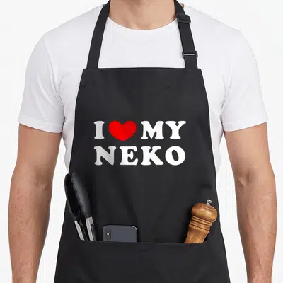 Tablier de cuisine noir avec inscription blanche I Love My Neko et un cœur rouge au centre.