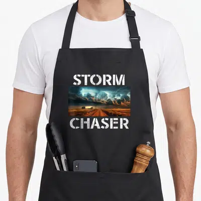 Tablier de cuisine noir avec illustration d'un ciel d'orage et texte Storm Chaser en blanc