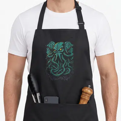 Tablier de cuisine noir avec une femme Lovecraft de Cthulhu au col en v, motifs turquoise et jaunes.