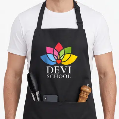 Tablier de cuisine noir avec une fleur aux pétales roses, verts, jaunes et bleus surmontant le texte Devi School en blanc.