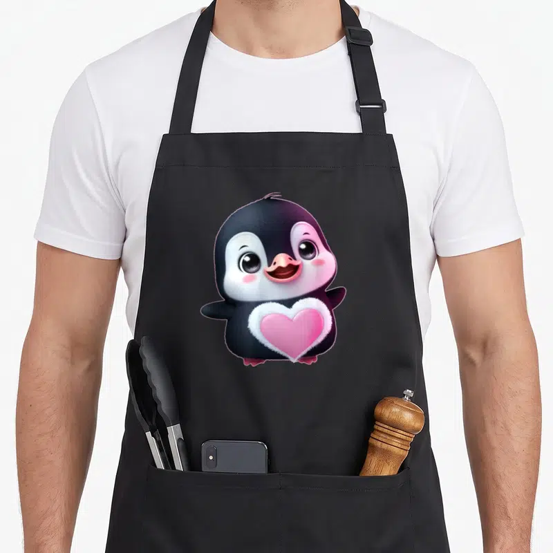 Tablier de cuisine noir avec pingouin mignon tenant un cœur rose sur le ventre.