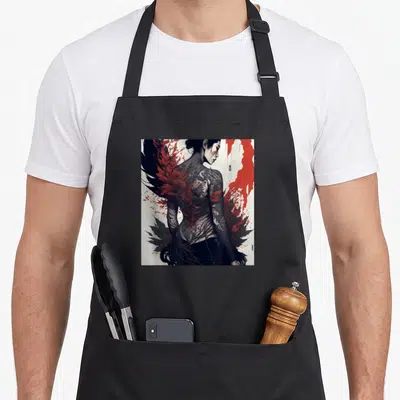 Tablier de cuisine noir avec illustration femme Geisha encre rouge tatouage dos aile noire style artistique