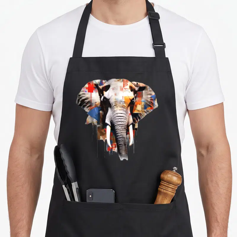 Tablier de cuisine noir avec une tête d'éléphant stylisée en œuvre d'art colorée et géométrique.