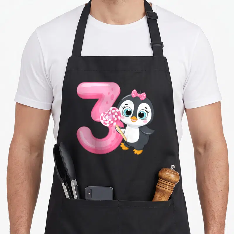 Tablier de cuisine noir avec illustration d'un pingouin tenant un lollipop à côté du chiffre 3 rose.