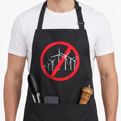 Tablier de cuisine noir avec un panneau d'interdiction rouge sur des éoliennes blanches et du texte.