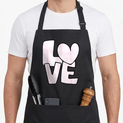 Tablier de cuisine noir avec le mot love en rose pastel et un cœur remplaçant la lettre o