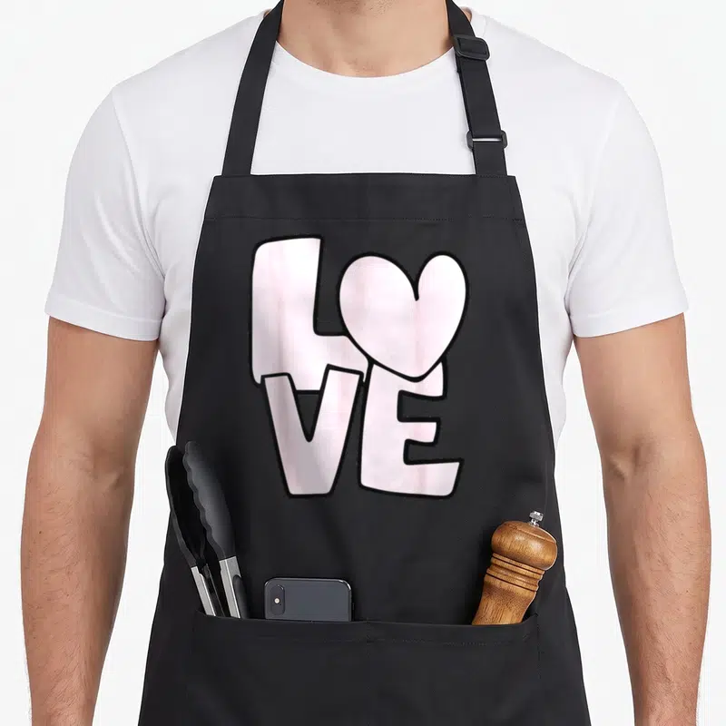 Tablier de cuisine noir avec le mot love en rose pastel et un cœur remplaçant la lettre o