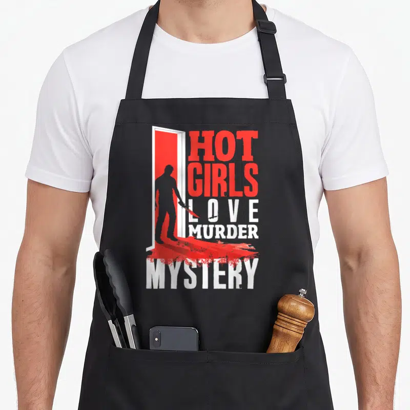 Tablier de cuisine noir avec inscription Hot Girls Love Murder Mystery et silhouette rouge tenant un couteau.