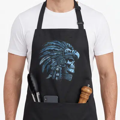 Tablier de cuisine noir avec illustration bleue d'un crâne portant un heaume à plumes de style guerrier aztèque.