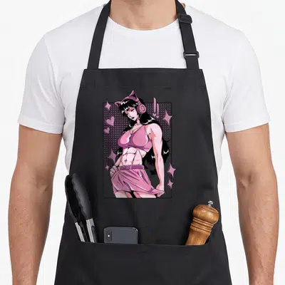 Tablier de cuisine noir avec illustration rose d'une femme anime musclée portant un casque et des oreilles de chat.