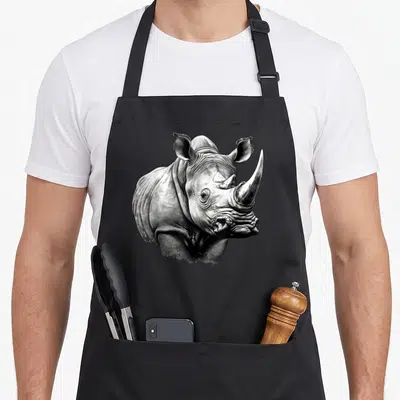 Tablier de cuisine noir avec un dessin détaillé de tête de rhinocéros en noir et blanc style safari