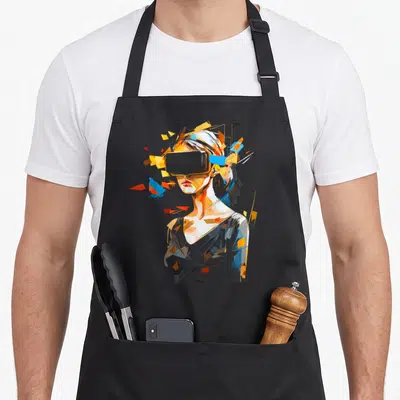 Tablier de cuisine noir avec illustration femme casque réalité virtuelle art polygon coloré