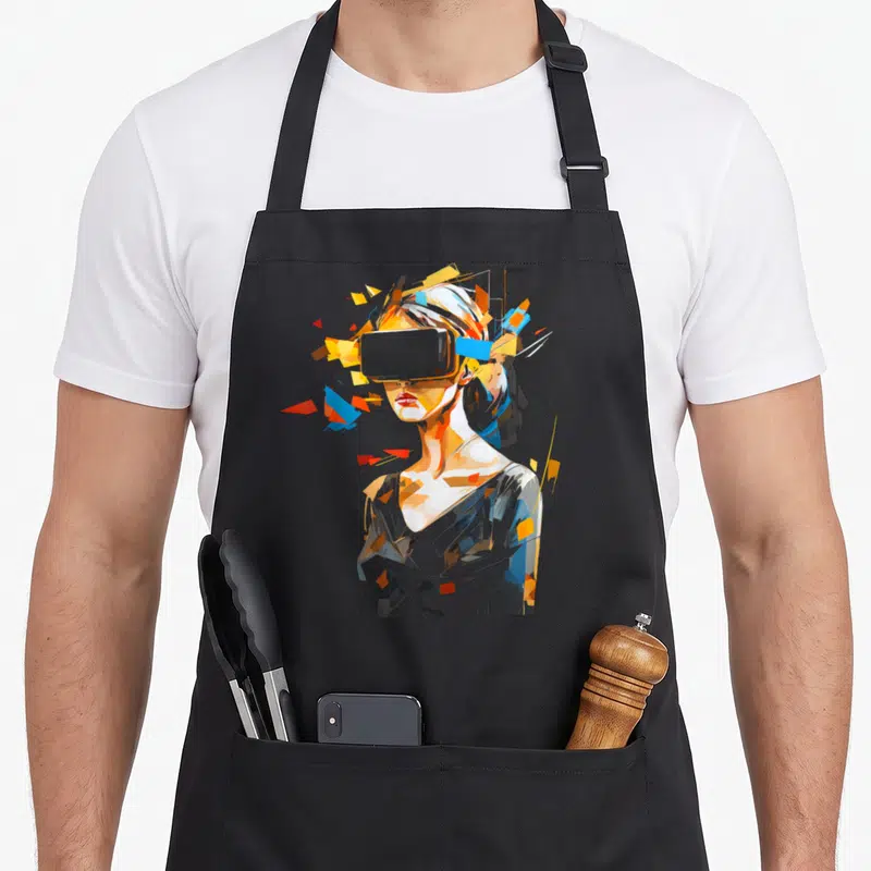 Tablier de cuisine noir avec illustration femme casque réalité virtuelle art polygon coloré